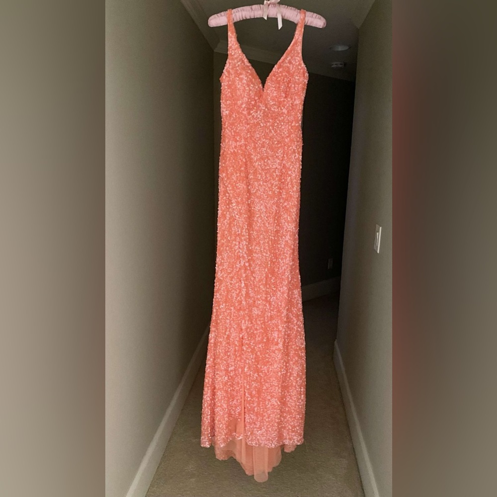 Sherri Hill orange/coral sequin prom dress with slit